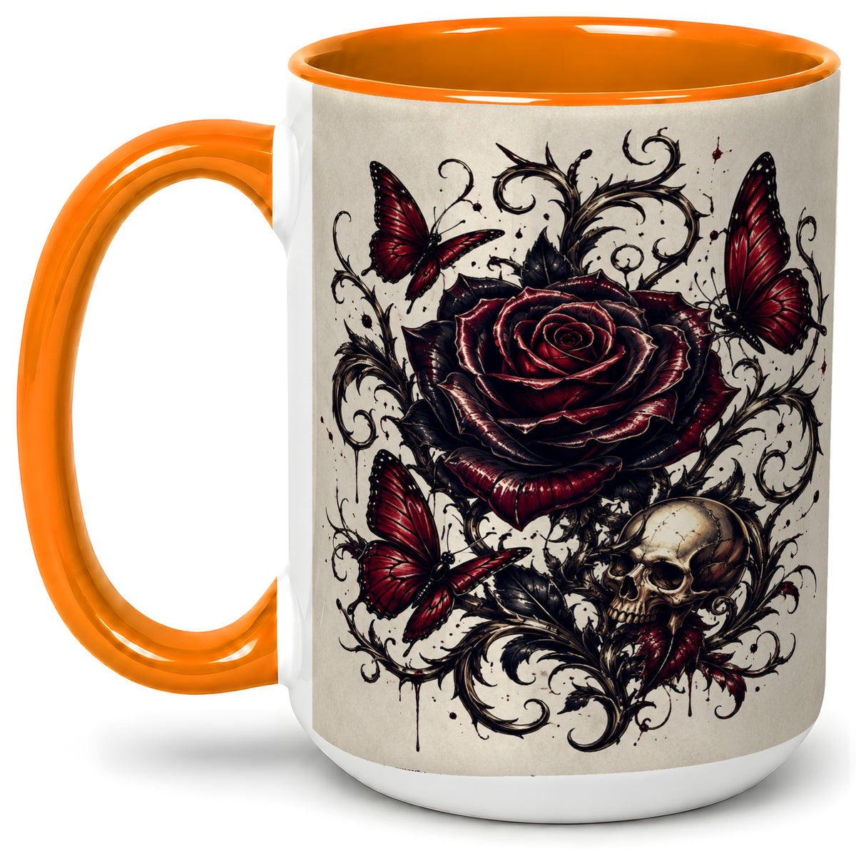 #pl[15oz|Orange] Gothic Rose Skull Ceramic Mug, Red Butterfly Floral Art for Goth Fans