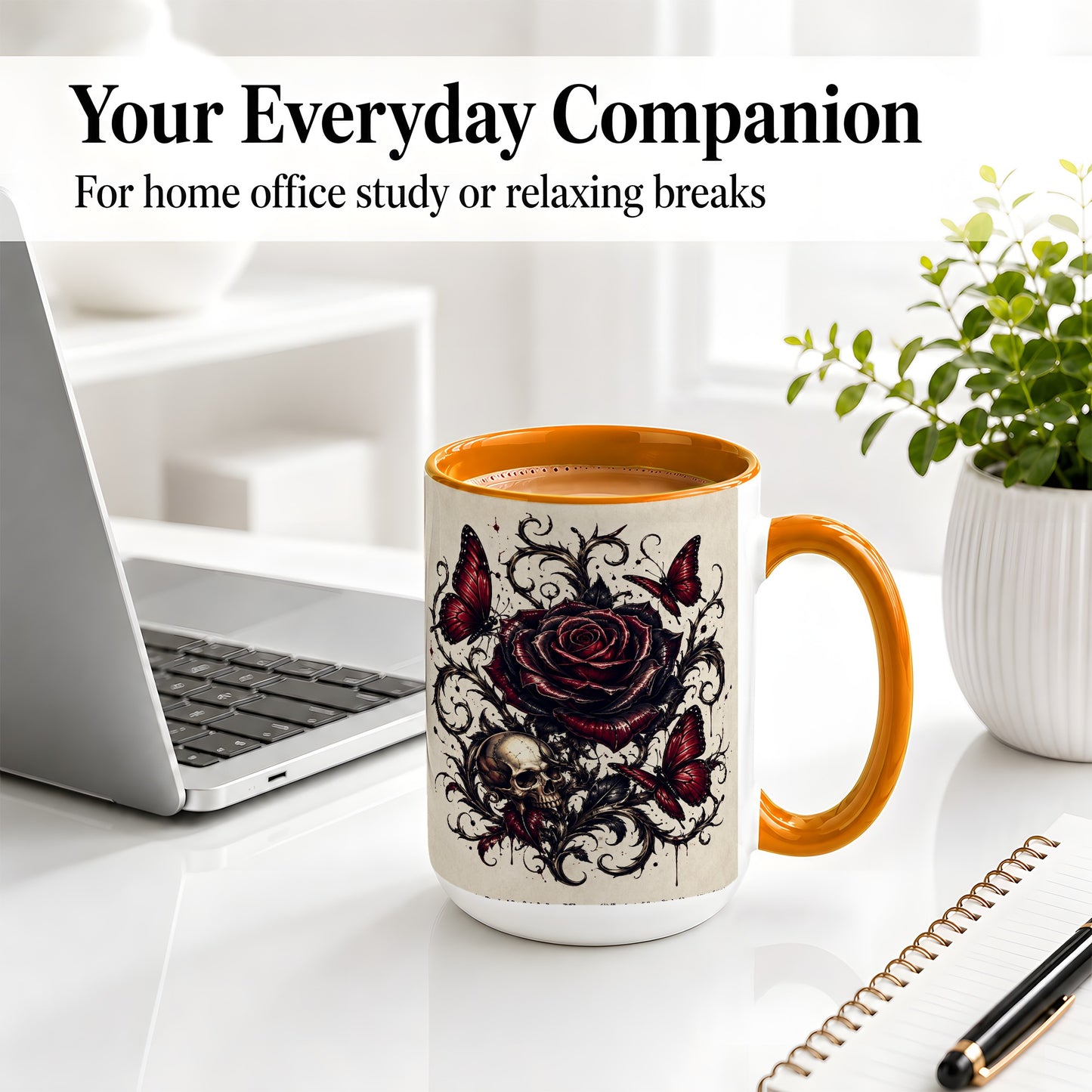 #pl[15oz|Orange] Gothic Rose Skull Ceramic Mug, Red Butterfly Floral Art for Goth Fans