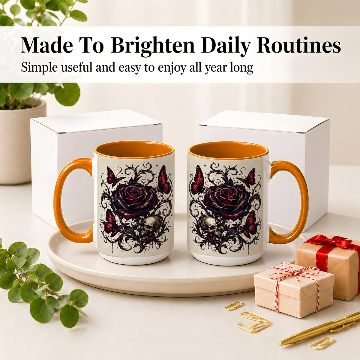 #pl[15oz|Orange] Gothic Rose Skull Ceramic Mug, Red Butterfly Floral Art for Goth Fans