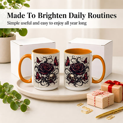 #pl[15oz|Orange] Gothic Rose Skull Ceramic Mug, Red Butterfly Floral Art for Goth Fans