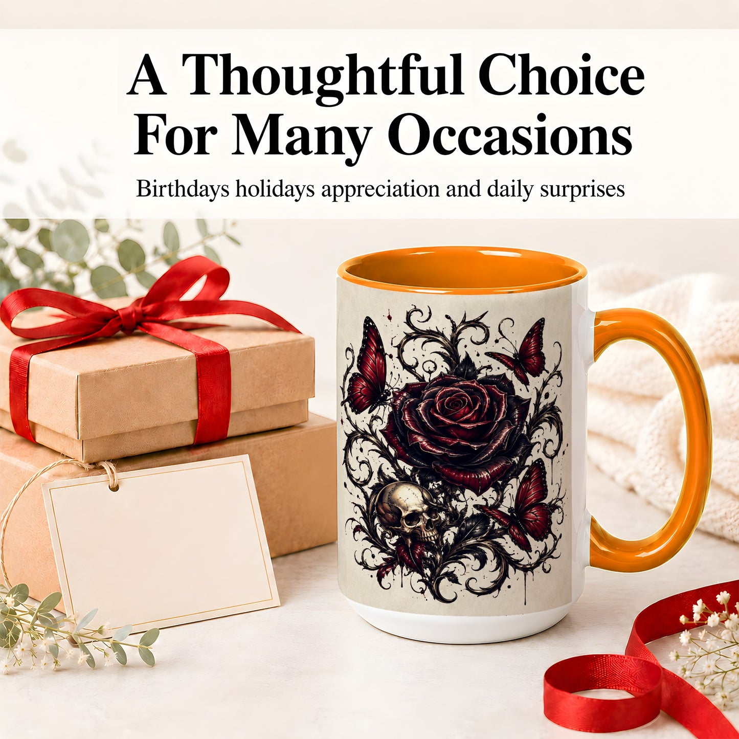 #pl[15oz|Orange] Gothic Rose Skull Ceramic Mug, Red Butterfly Floral Art for Goth Fans