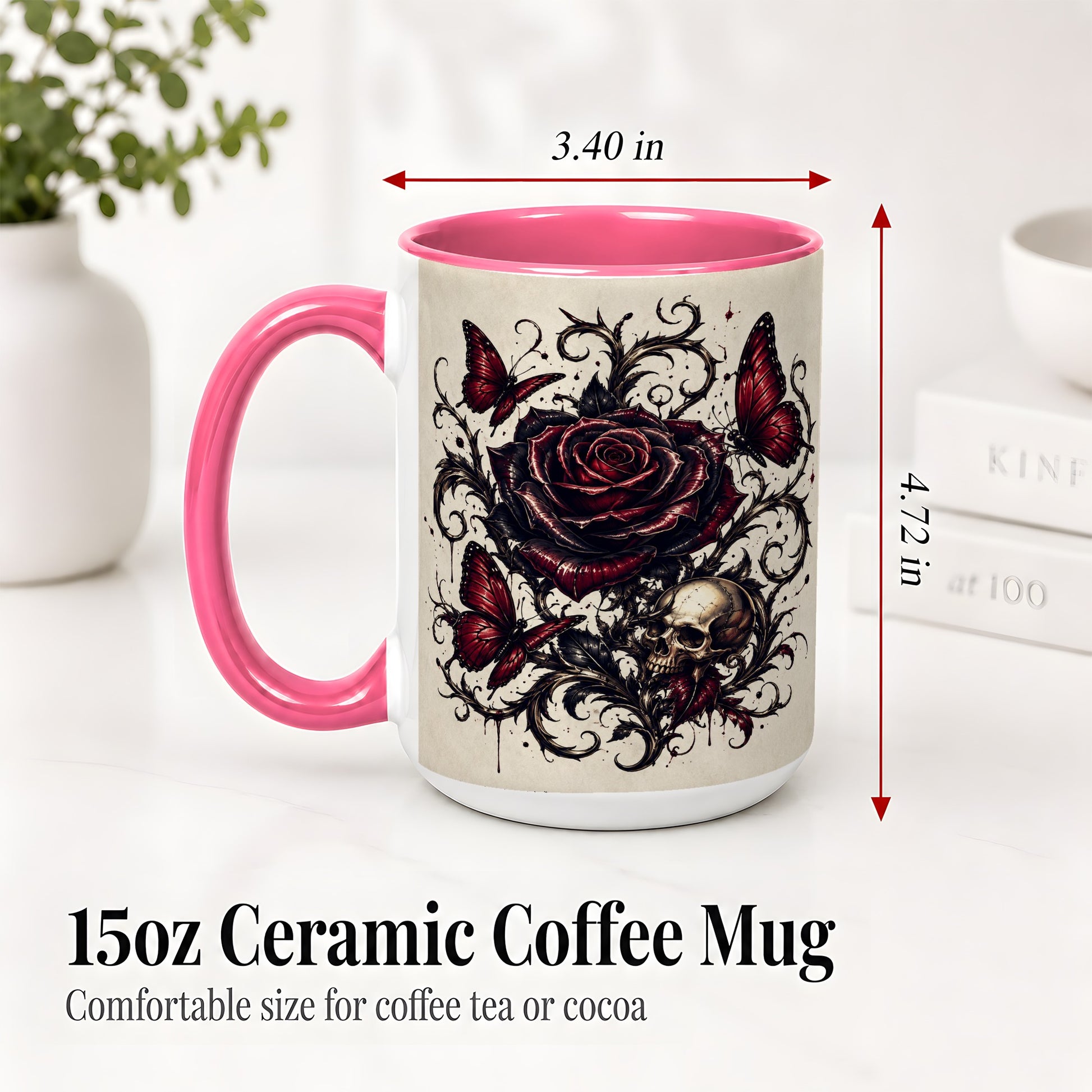 #pl[15oz|Pink] Gothic Rose Skull Ceramic Mug, Red Butterfly Floral Art for Goth Fans