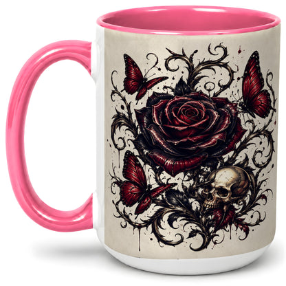 #pl[15oz|Pink] Gothic Rose Skull Ceramic Mug, Red Butterfly Floral Art for Goth Fans