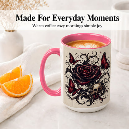 #pl[15oz|Pink] Gothic Rose Skull Ceramic Mug, Red Butterfly Floral Art for Goth Fans