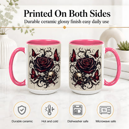 #pl[15oz|Pink] Gothic Rose Skull Ceramic Mug, Red Butterfly Floral Art for Goth Fans