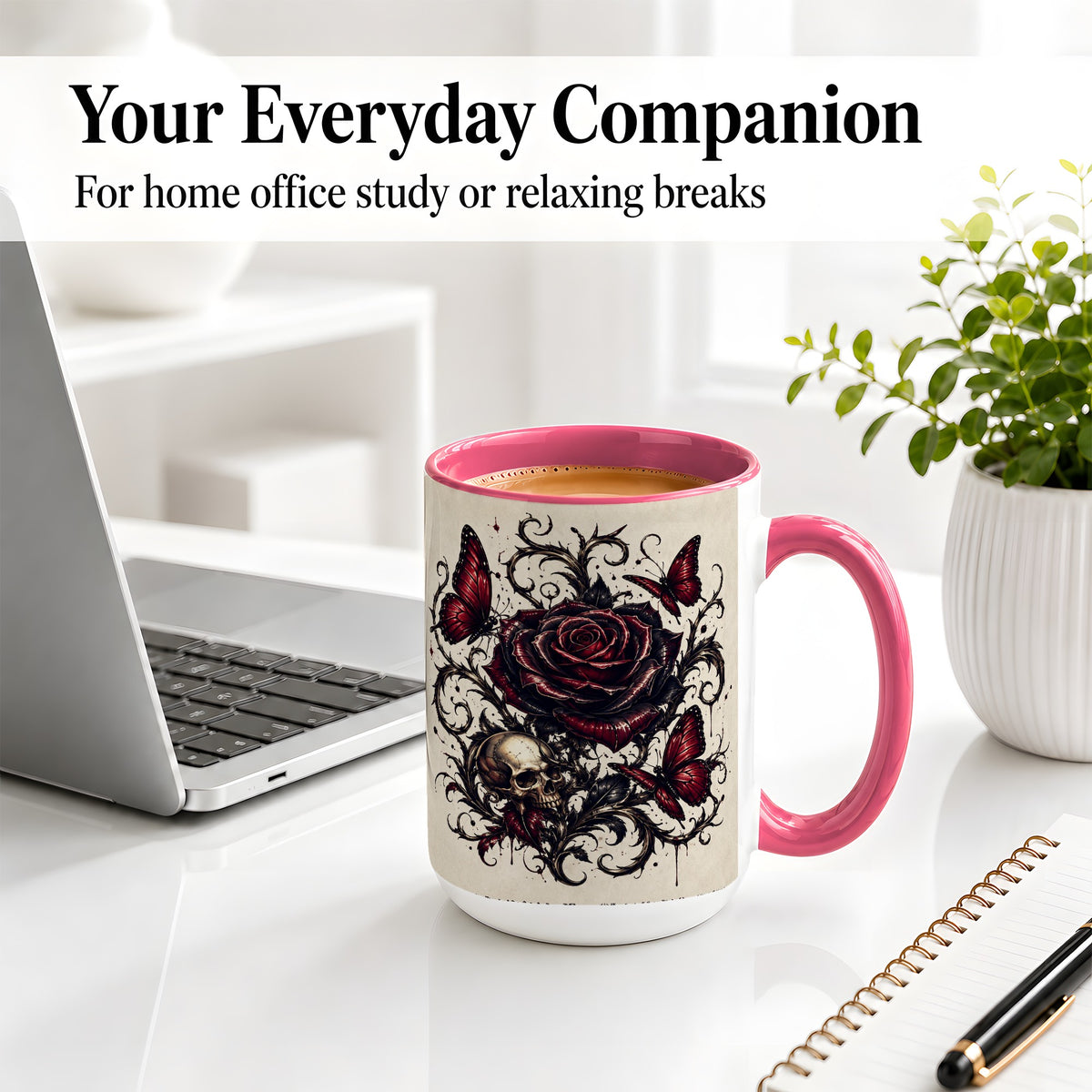 #pl[15oz|Pink] Gothic Rose Skull Ceramic Mug, Red Butterfly Floral Art for Goth Fans