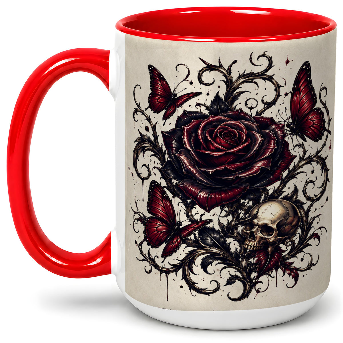 #pl[15oz|Red] Gothic Rose Skull Ceramic Mug, Red Butterfly Floral Art for Goth Fans