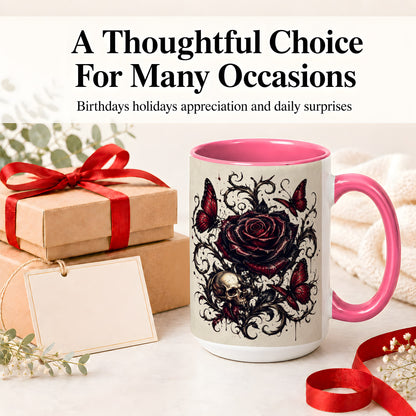 #pl[15oz|Pink] Gothic Rose Skull Ceramic Mug, Red Butterfly Floral Art for Goth Fans