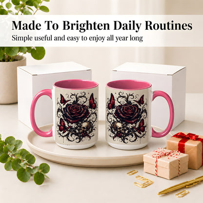 #pl[15oz|Pink] Gothic Rose Skull Ceramic Mug, Red Butterfly Floral Art for Goth Fans
