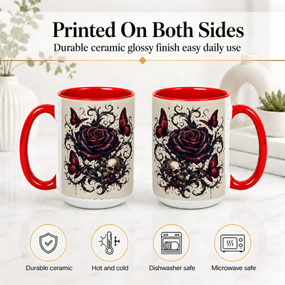 #pl[15oz|Red] Gothic Rose Skull Ceramic Mug, Red Butterfly Floral Art for Goth Fans