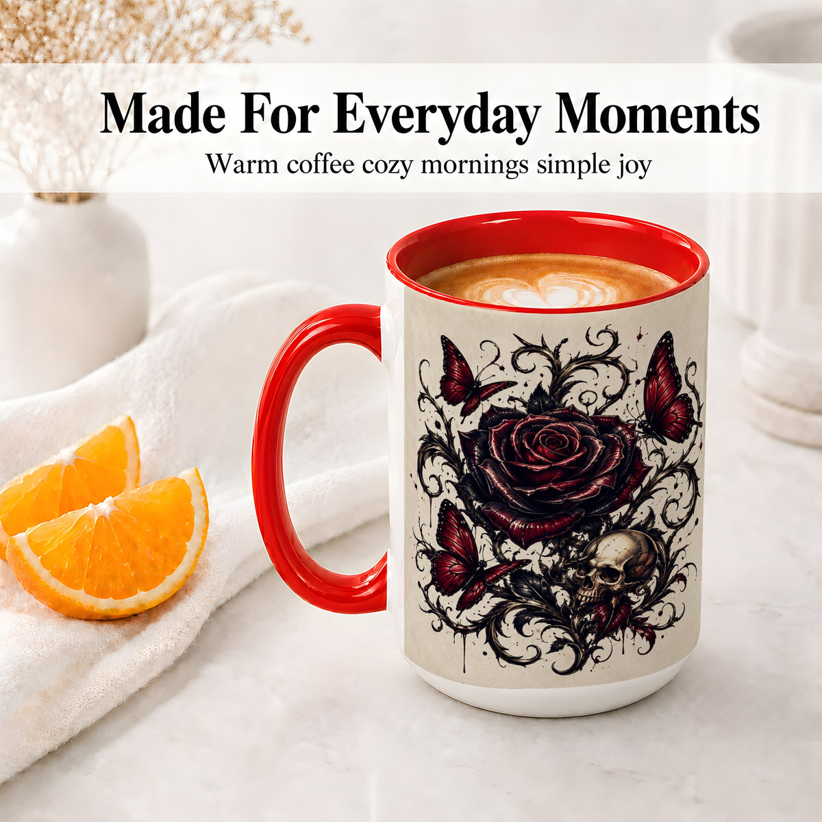 #pl[15oz|Red] Gothic Rose Skull Ceramic Mug, Red Butterfly Floral Art for Goth Fans