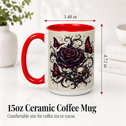 #pl[15oz|Red] Gothic Rose Skull Ceramic Mug, Red Butterfly Floral Art for Goth Fans