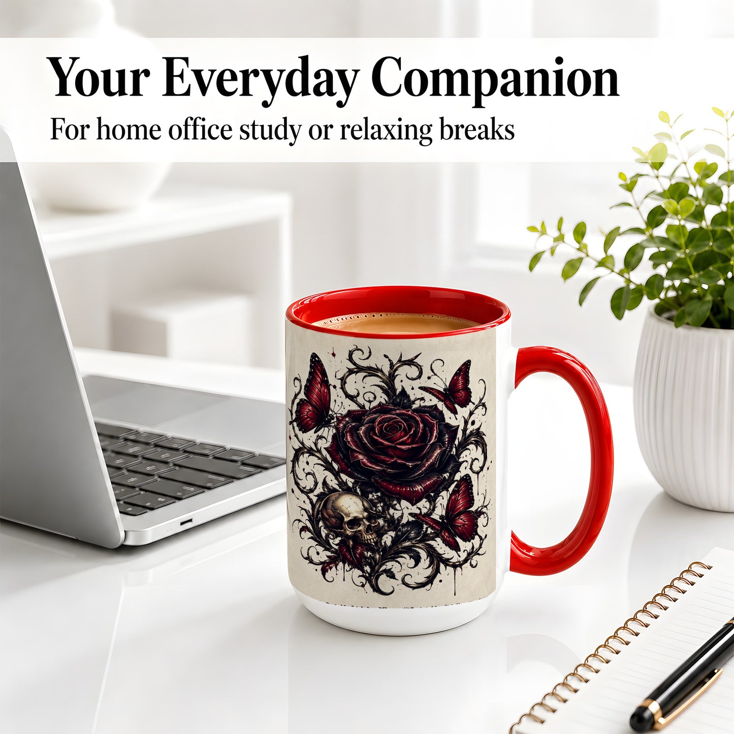 #pl[15oz|Red] Gothic Rose Skull Ceramic Mug, Red Butterfly Floral Art for Goth Fans