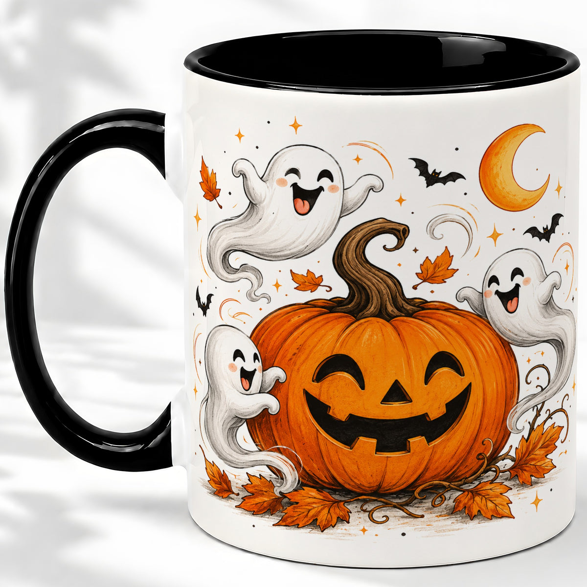 #pl[11oz|Black] Cute Pumpkin Ghost Ceramic Mug, Halloween Art for Autumn Fans