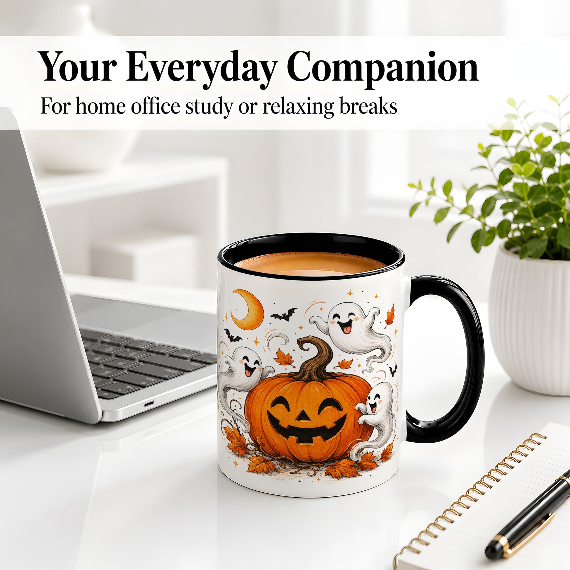 #pl[11oz|Black] Cute Pumpkin Ghost Ceramic Mug, Halloween Art for Autumn Fans