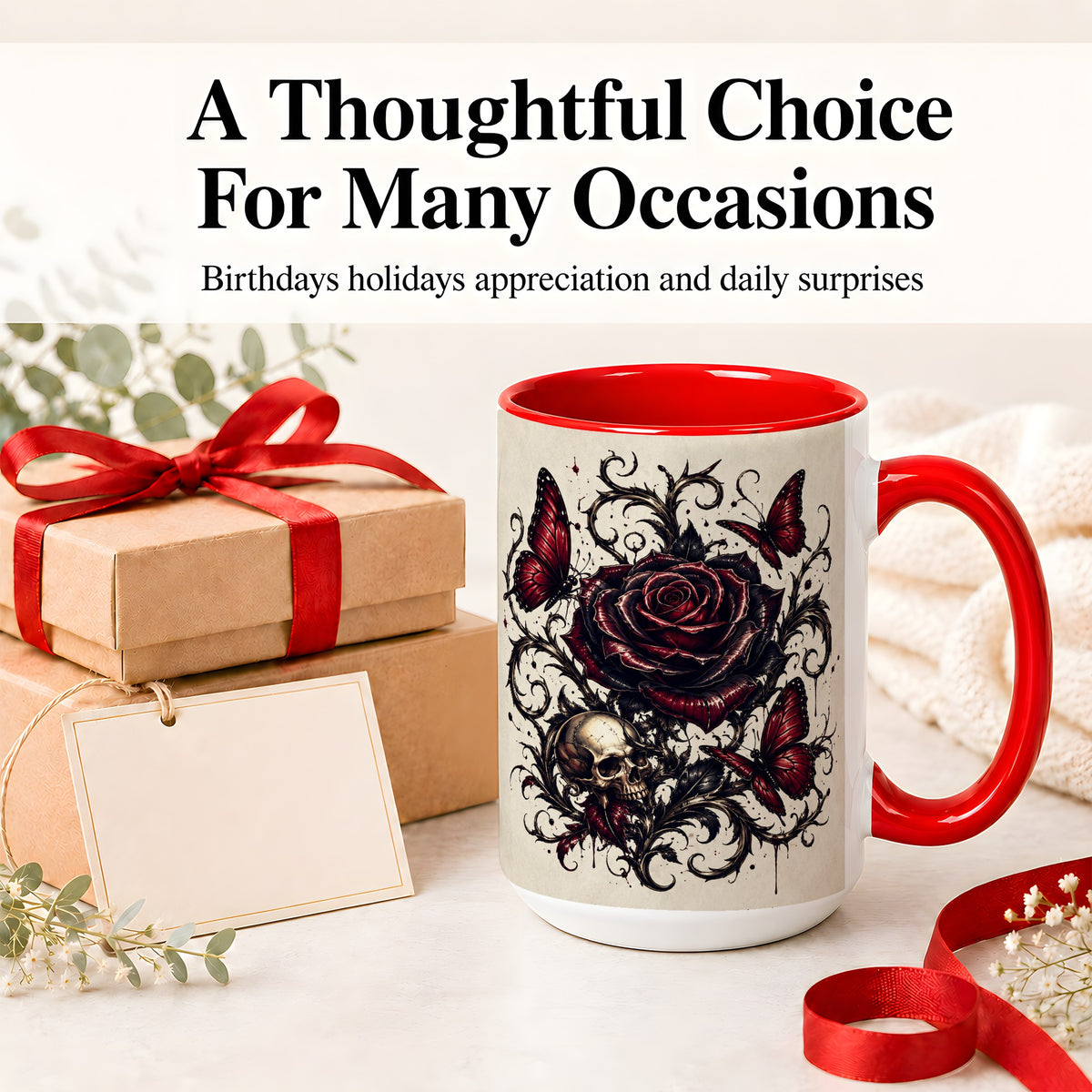 #pl[15oz|Red] Gothic Rose Skull Ceramic Mug, Red Butterfly Floral Art for Goth Fans