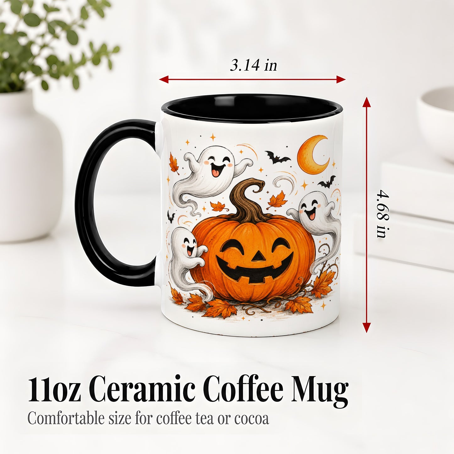 #pl[11oz|Black] Cute Pumpkin Ghost Ceramic Mug, Halloween Art for Autumn Fans