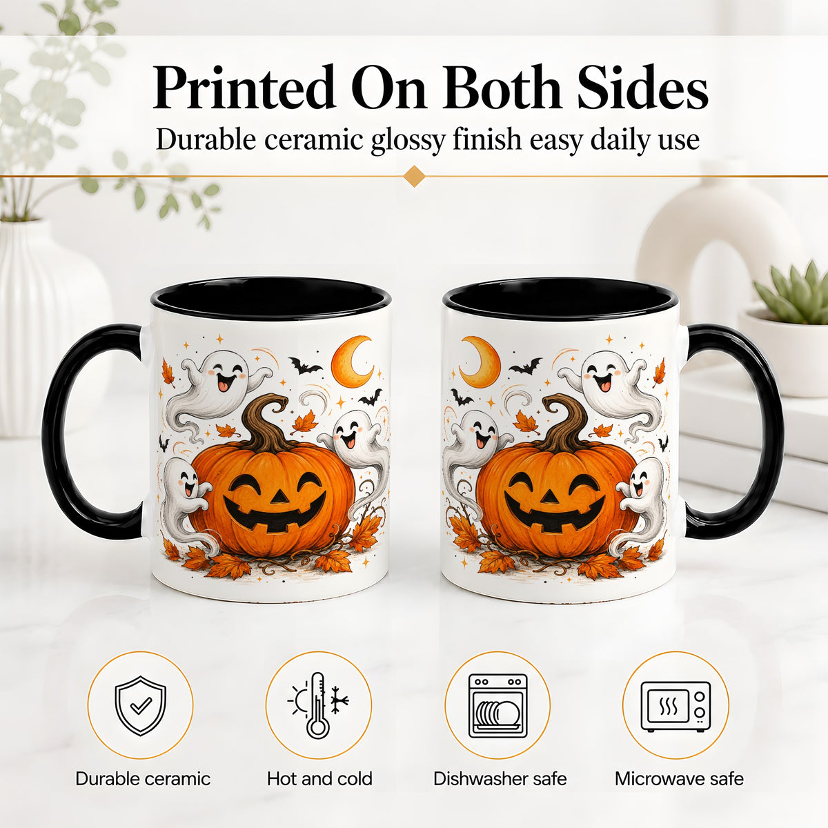 #pl[11oz|Black] Cute Pumpkin Ghost Ceramic Mug, Halloween Art for Autumn Fans