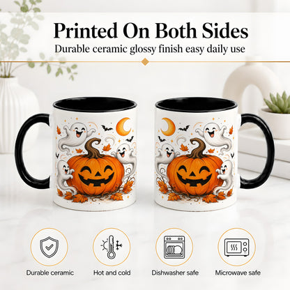 #pl[11oz|Black] Cute Pumpkin Ghost Ceramic Mug, Halloween Art for Autumn Fans