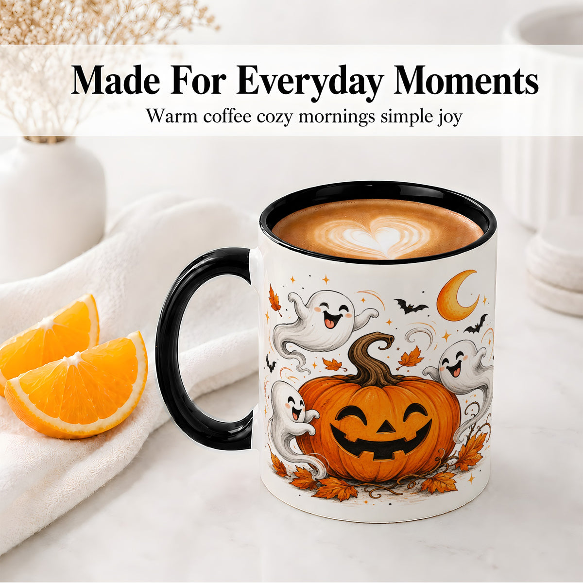 #pl[11oz|Black] Cute Pumpkin Ghost Ceramic Mug, Halloween Art for Autumn Fans