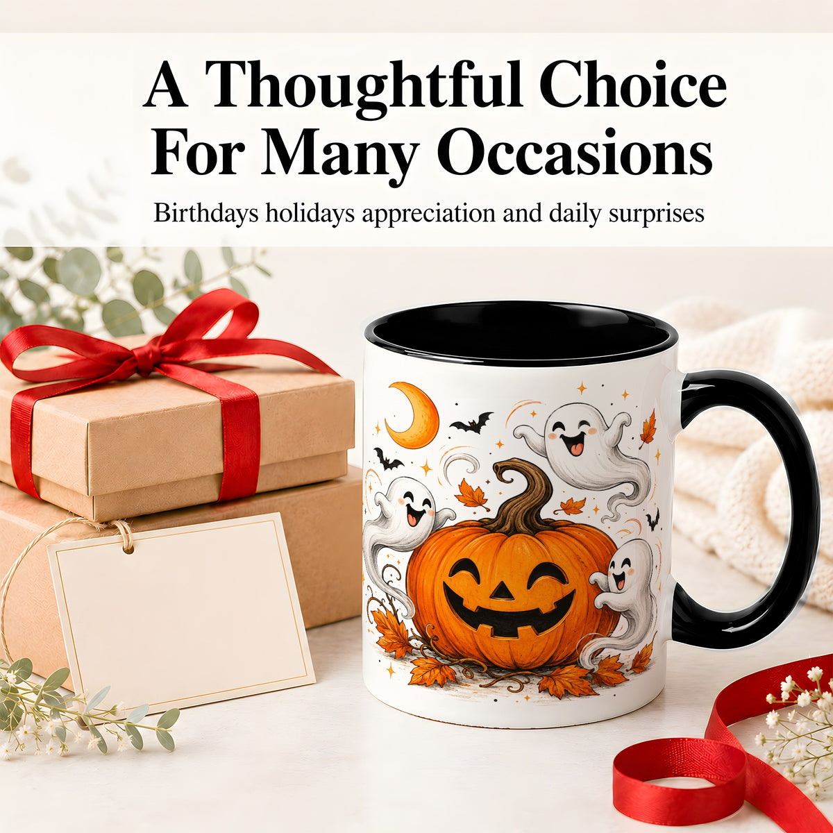 #pl[11oz|Black] Cute Pumpkin Ghost Ceramic Mug, Halloween Art for Autumn Fans