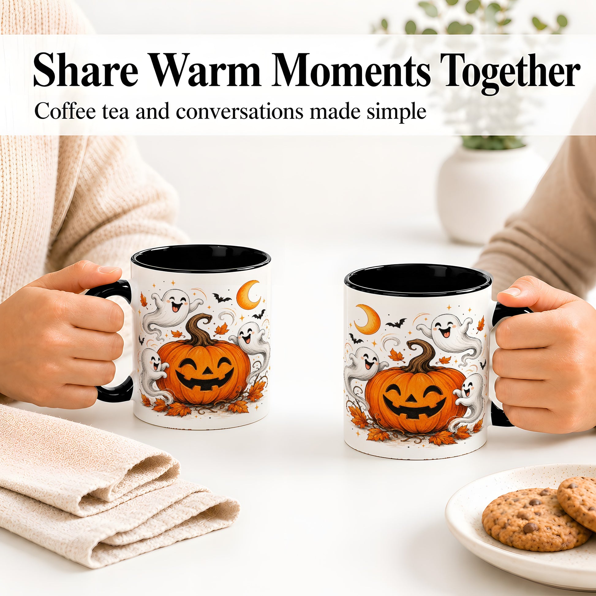 #pl[11oz|Black] Cute Pumpkin Ghost Ceramic Mug, Halloween Art for Autumn Fans