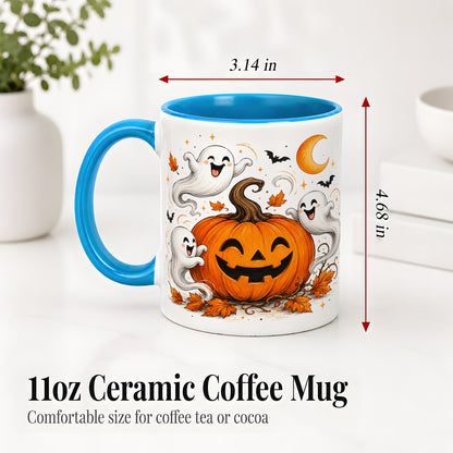 #pl[11oz|Blue] Cute Pumpkin Ghost Ceramic Mug, Halloween Art for Autumn Fans