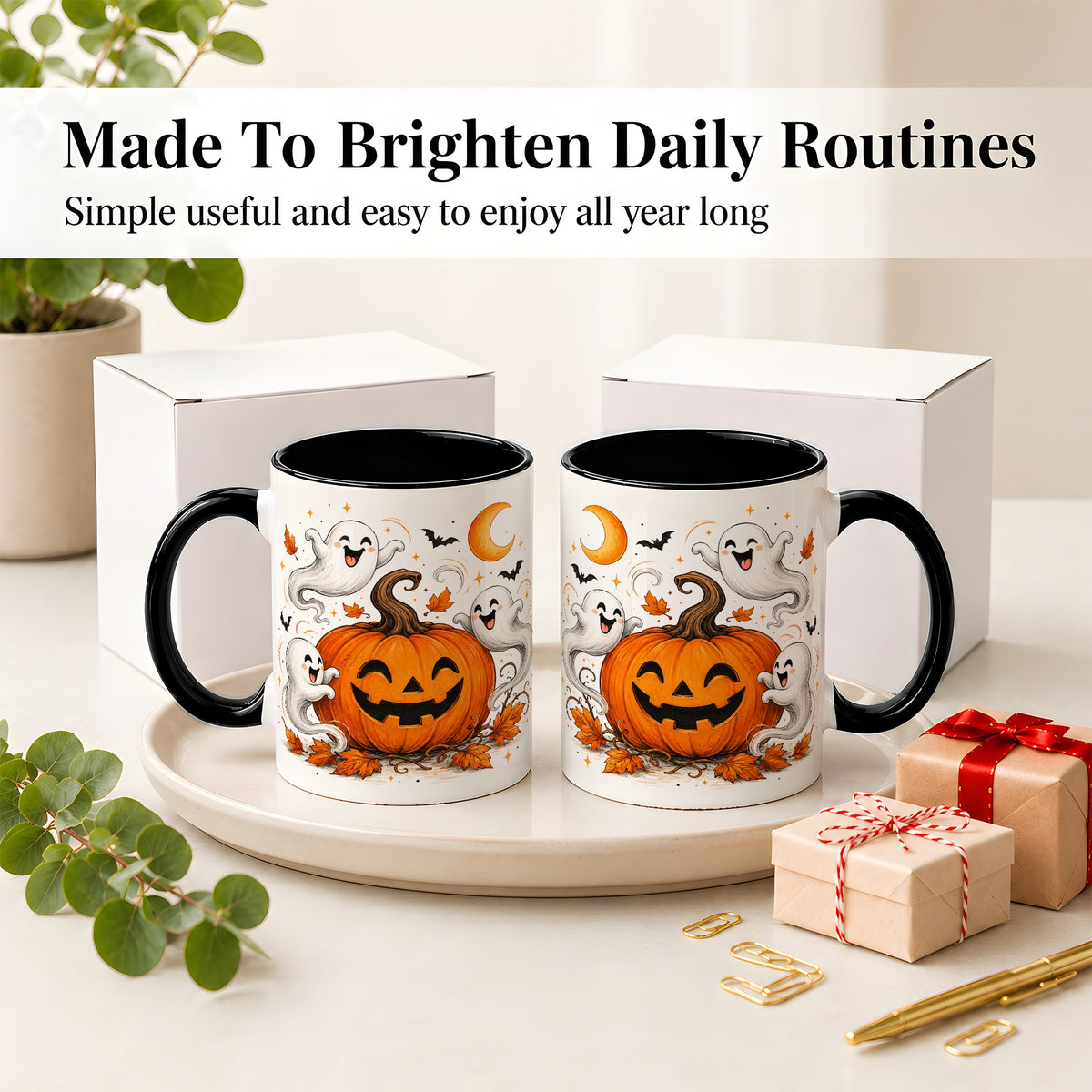 #pl[11oz|Black] Cute Pumpkin Ghost Ceramic Mug, Halloween Art for Autumn Fans
