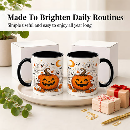 #pl[11oz|Black] Cute Pumpkin Ghost Ceramic Mug, Halloween Art for Autumn Fans