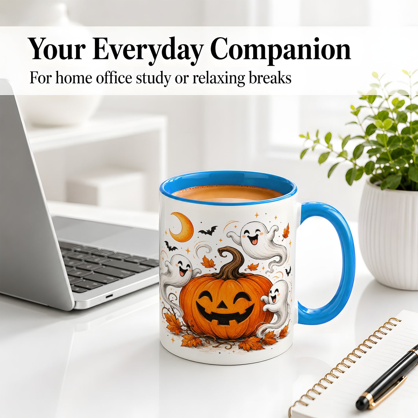 #pl[11oz|Blue] Cute Pumpkin Ghost Ceramic Mug, Halloween Art for Autumn Fans