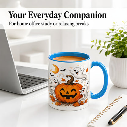 #pl[11oz|Blue] Cute Pumpkin Ghost Ceramic Mug, Halloween Art for Autumn Fans