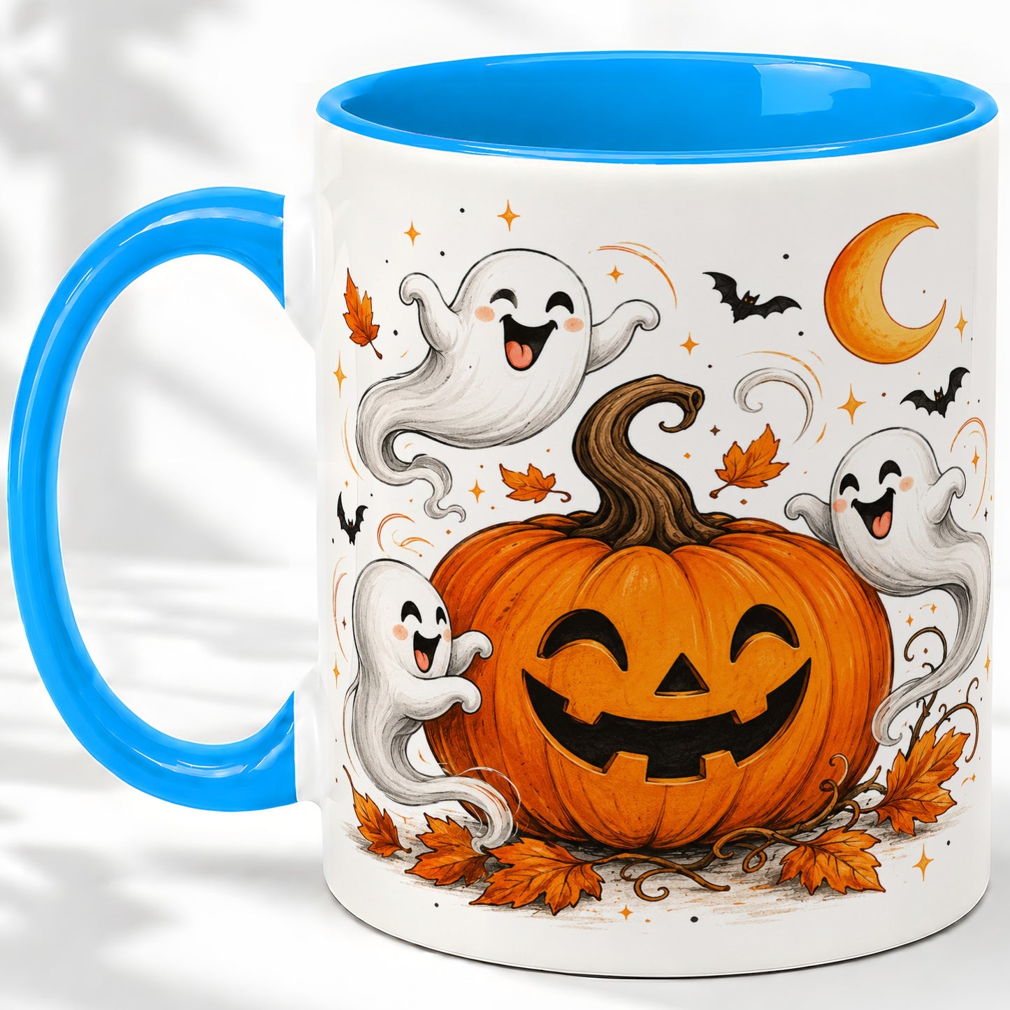 #pl[11oz|Blue] Cute Pumpkin Ghost Ceramic Mug, Halloween Art for Autumn Fans