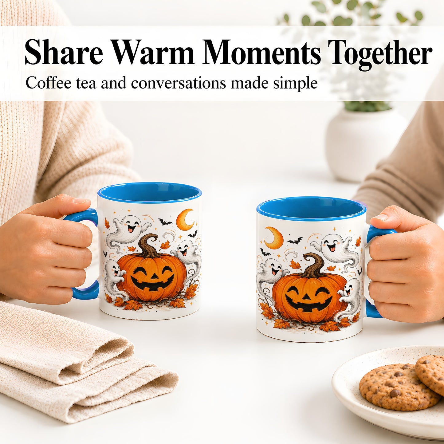 #pl[11oz|Blue] Cute Pumpkin Ghost Ceramic Mug, Halloween Art for Autumn Fans