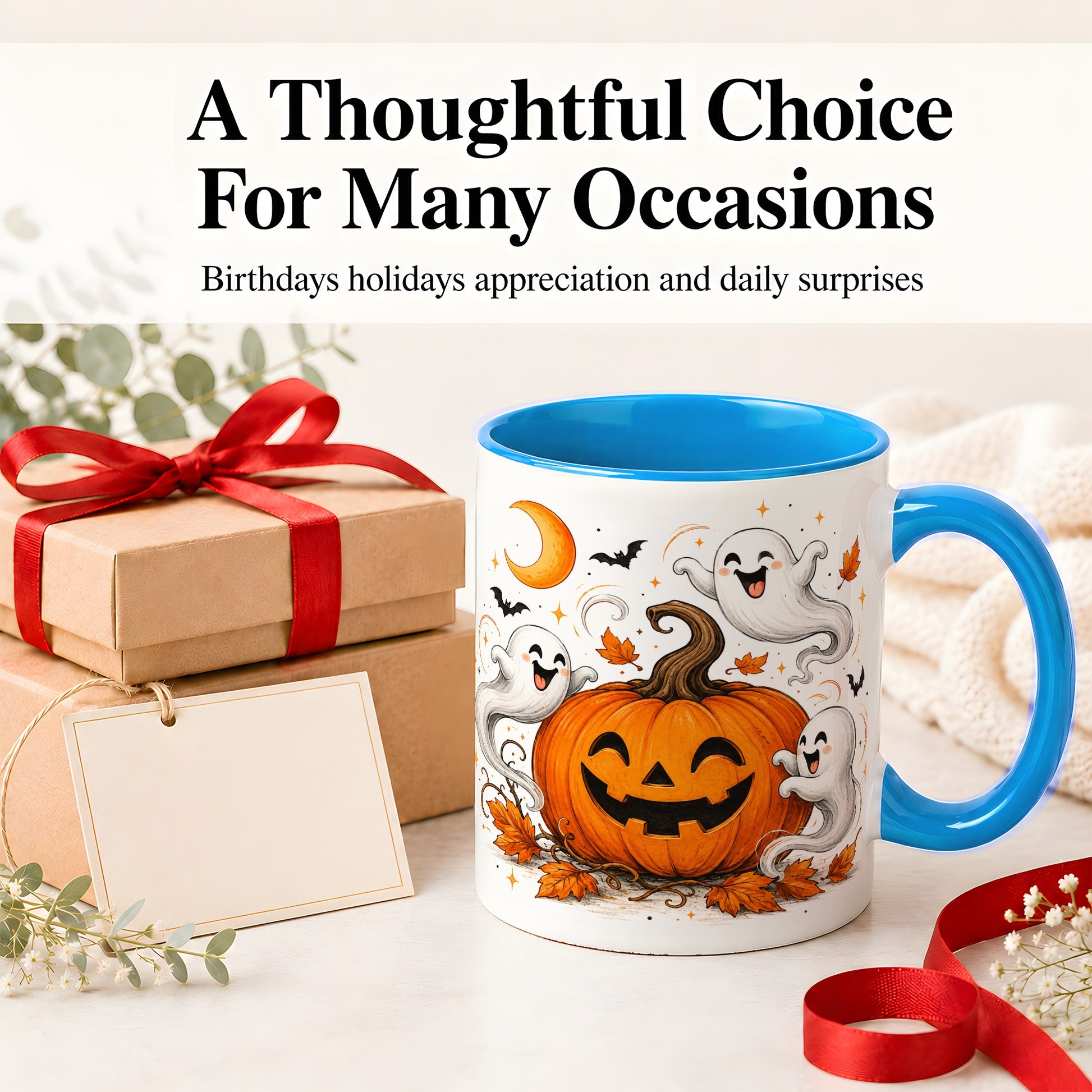 #pl[11oz|Blue] Cute Pumpkin Ghost Ceramic Mug, Halloween Art for Autumn Fans
