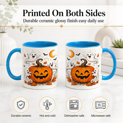 #pl[11oz|Blue] Cute Pumpkin Ghost Ceramic Mug, Halloween Art for Autumn Fans