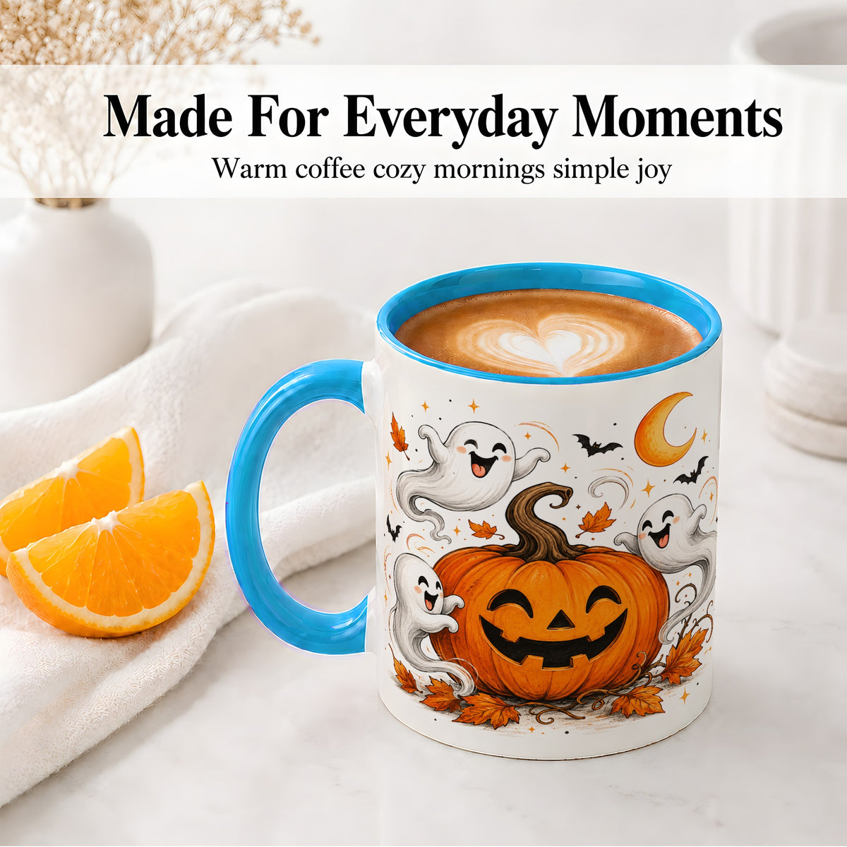 #pl[11oz|Blue] Cute Pumpkin Ghost Ceramic Mug, Halloween Art for Autumn Fans