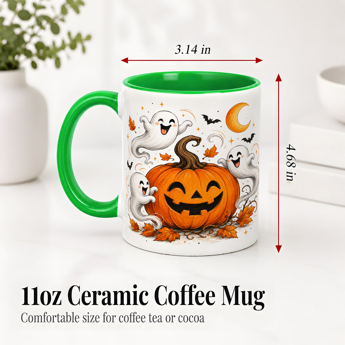 #pl[11oz|Green] Cute Pumpkin Ghost Ceramic Mug, Halloween Art for Autumn Fans