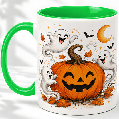 #pl[11oz|Green] Cute Pumpkin Ghost Ceramic Mug, Halloween Art for Autumn Fans