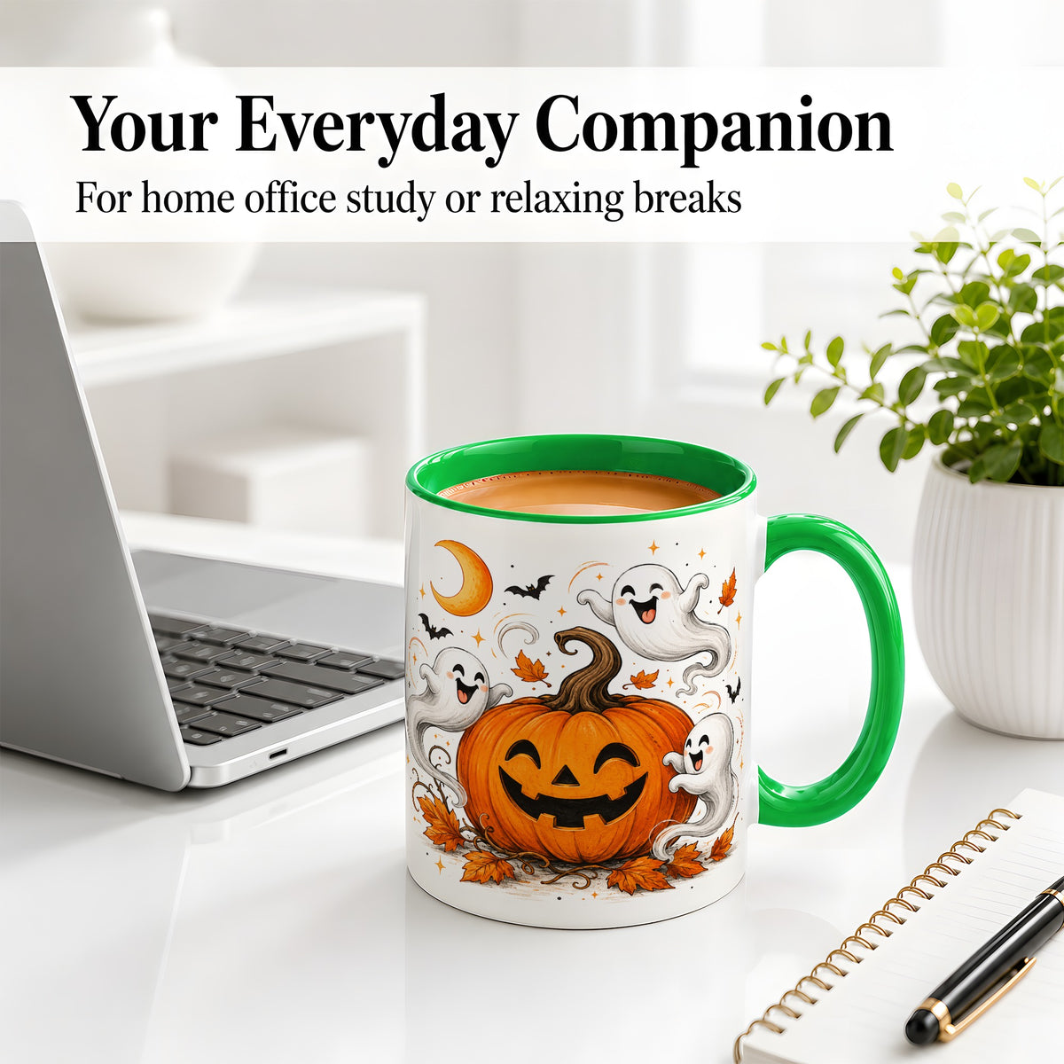 #pl[11oz|Green] Cute Pumpkin Ghost Ceramic Mug, Halloween Art for Autumn Fans