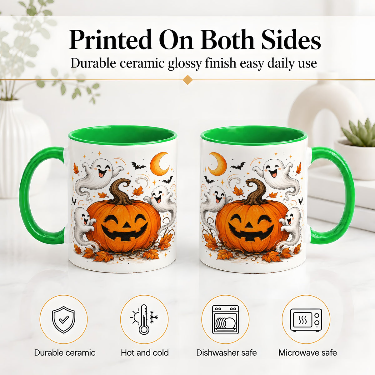 #pl[11oz|Green] Cute Pumpkin Ghost Ceramic Mug, Halloween Art for Autumn Fans
