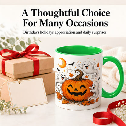 #pl[11oz|Green] Cute Pumpkin Ghost Ceramic Mug, Halloween Art for Autumn Fans