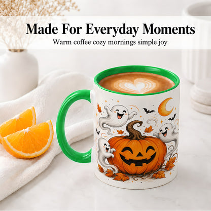 #pl[11oz|Green] Cute Pumpkin Ghost Ceramic Mug, Halloween Art for Autumn Fans