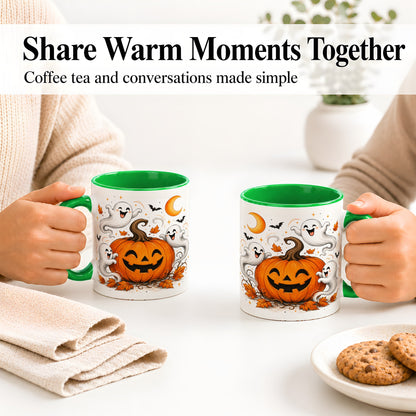 #pl[11oz|Green] Cute Pumpkin Ghost Ceramic Mug, Halloween Art for Autumn Fans
