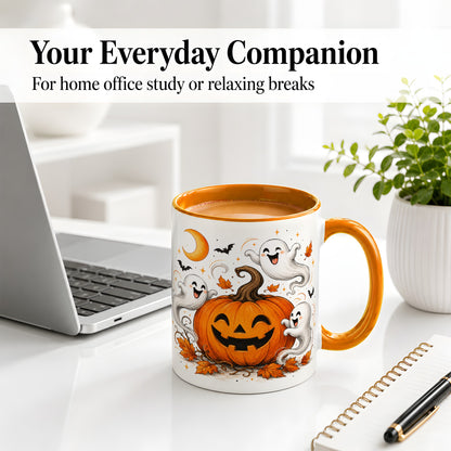 #pl[11oz|Orange] Cute Pumpkin Ghost Ceramic Mug, Halloween Art for Autumn Fans