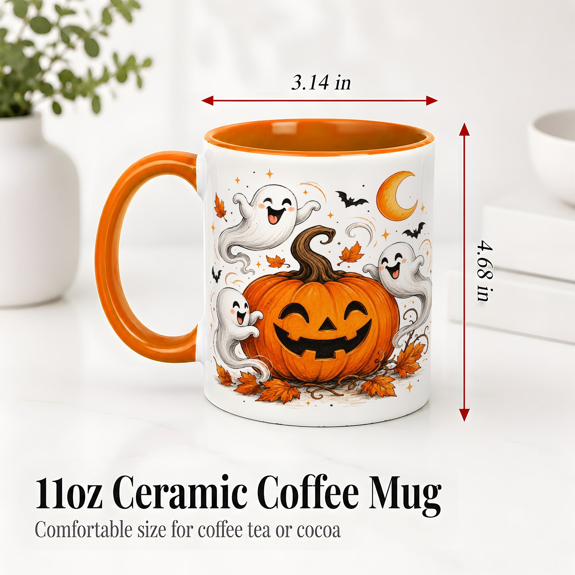 #pl[11oz|Orange] Cute Pumpkin Ghost Ceramic Mug, Halloween Art for Autumn Fans