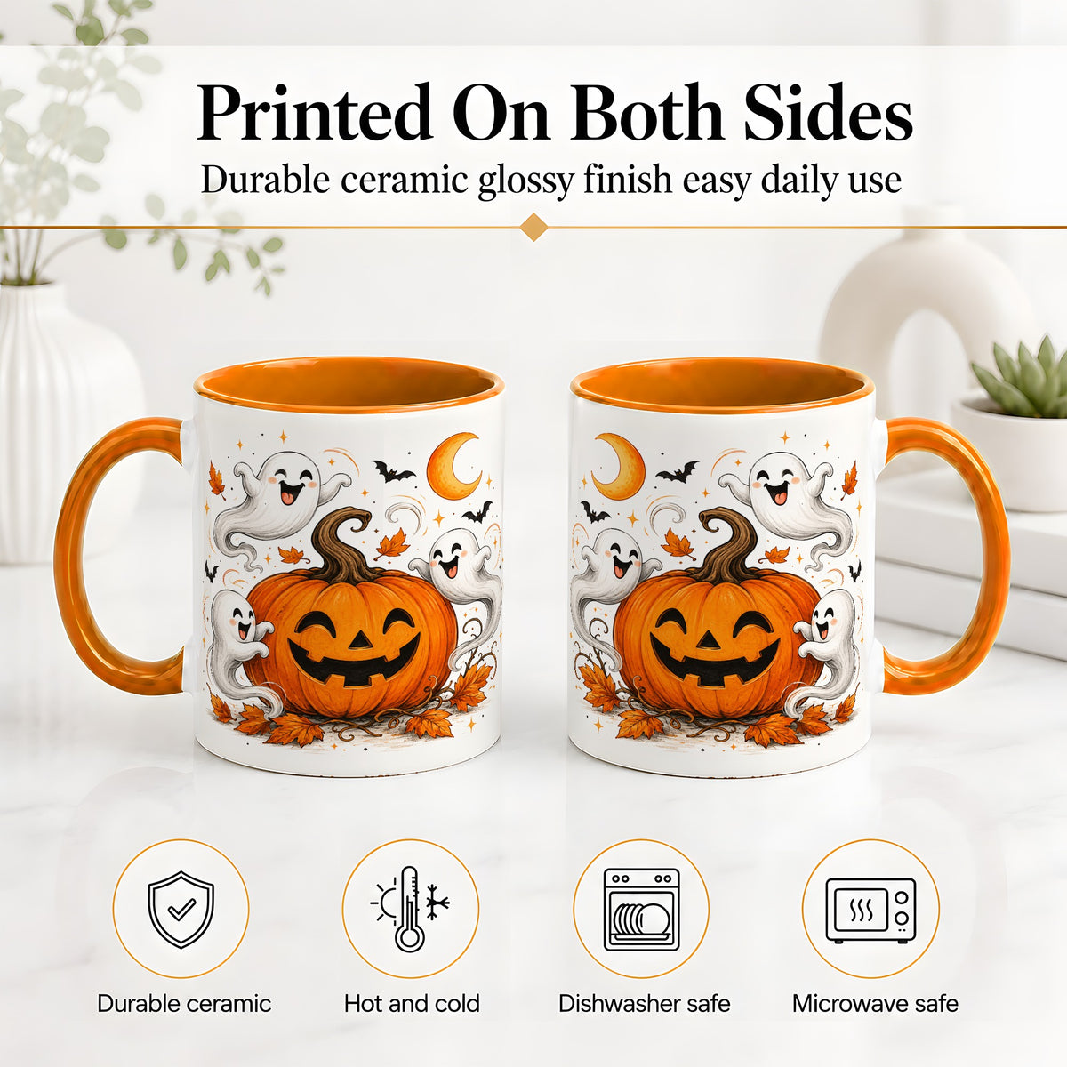 #pl[11oz|Orange] Cute Pumpkin Ghost Ceramic Mug, Halloween Art for Autumn Fans
