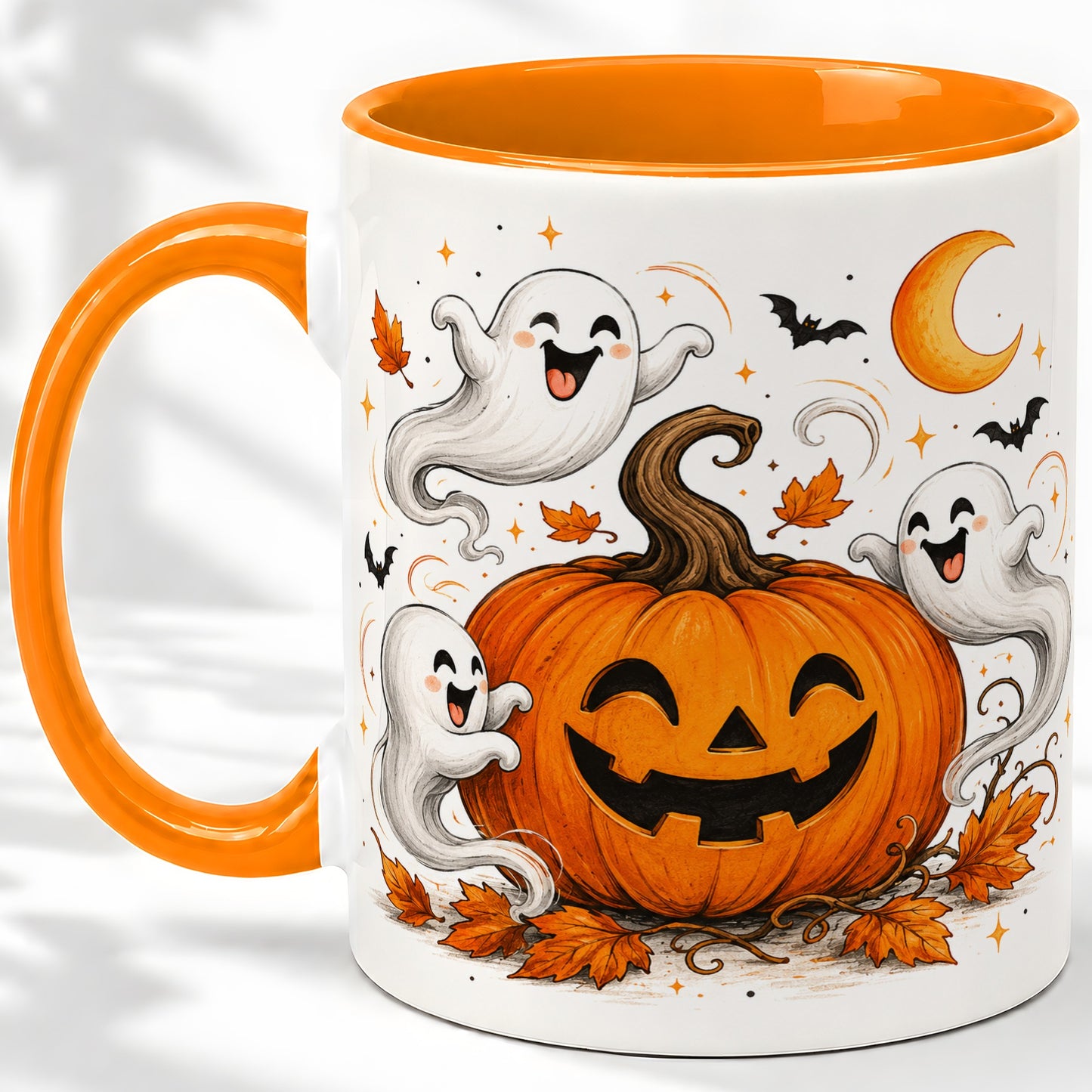 #pl[11oz|Orange] Cute Pumpkin Ghost Ceramic Mug, Halloween Art for Autumn Fans