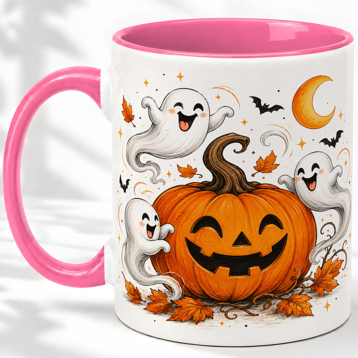 #pl[11oz|Pink] Cute Pumpkin Ghost Ceramic Mug, Halloween Art for Autumn Fans