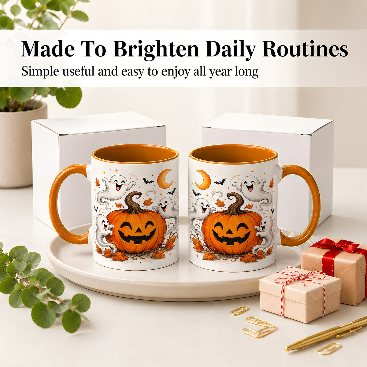 #pl[11oz|Orange] Cute Pumpkin Ghost Ceramic Mug, Halloween Art for Autumn Fans