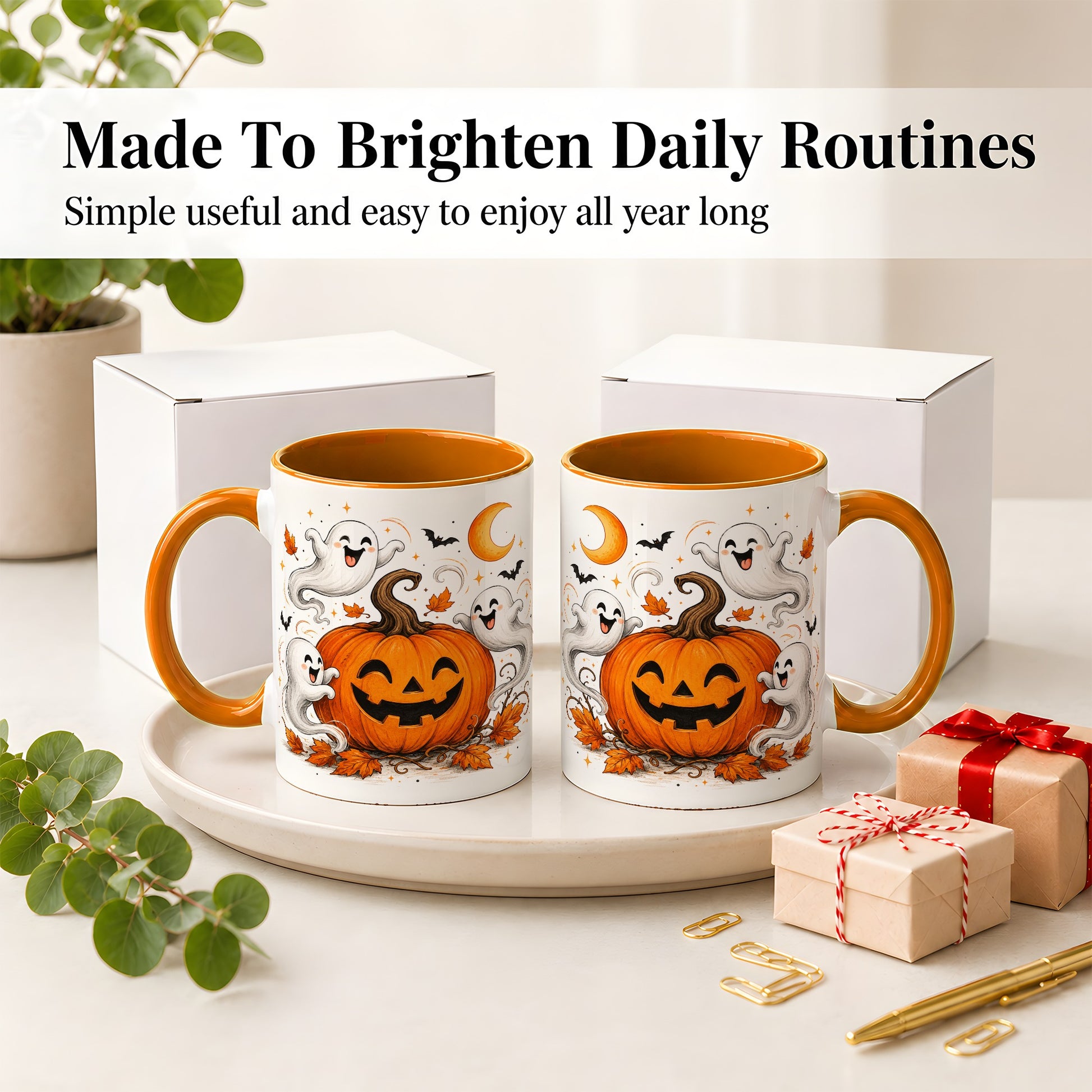 #pl[11oz|Orange] Cute Pumpkin Ghost Ceramic Mug, Halloween Art for Autumn Fans